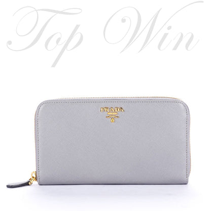 全新 Prada 普拉達 金字浮刻防刮牛皮12卡位 拉鏈長夾（大象灰）（特價）