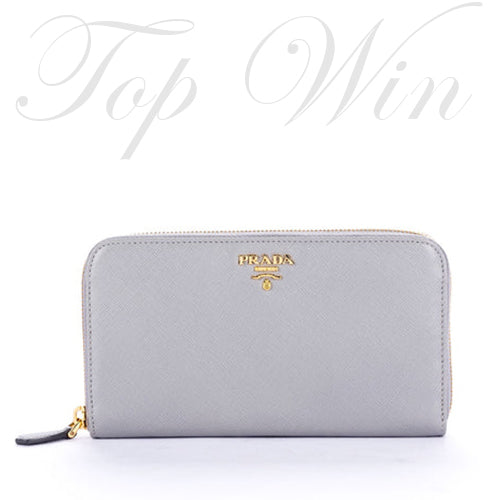 全新 Prada 普拉達 金字浮刻防刮牛皮12卡位 拉鏈長夾（大象灰）（特價）