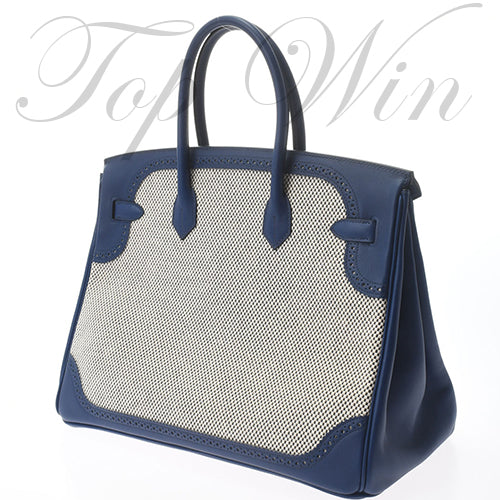 全新 Hermes 愛馬仕 Birkin 35 Ghillies Bleu Saphir Swift/Toile Palladium Hardware #T（特價）